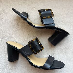 Fabianelli Black Leather Block Heel Sandals Women‎ 10 Two Bands Tortoise Buckle